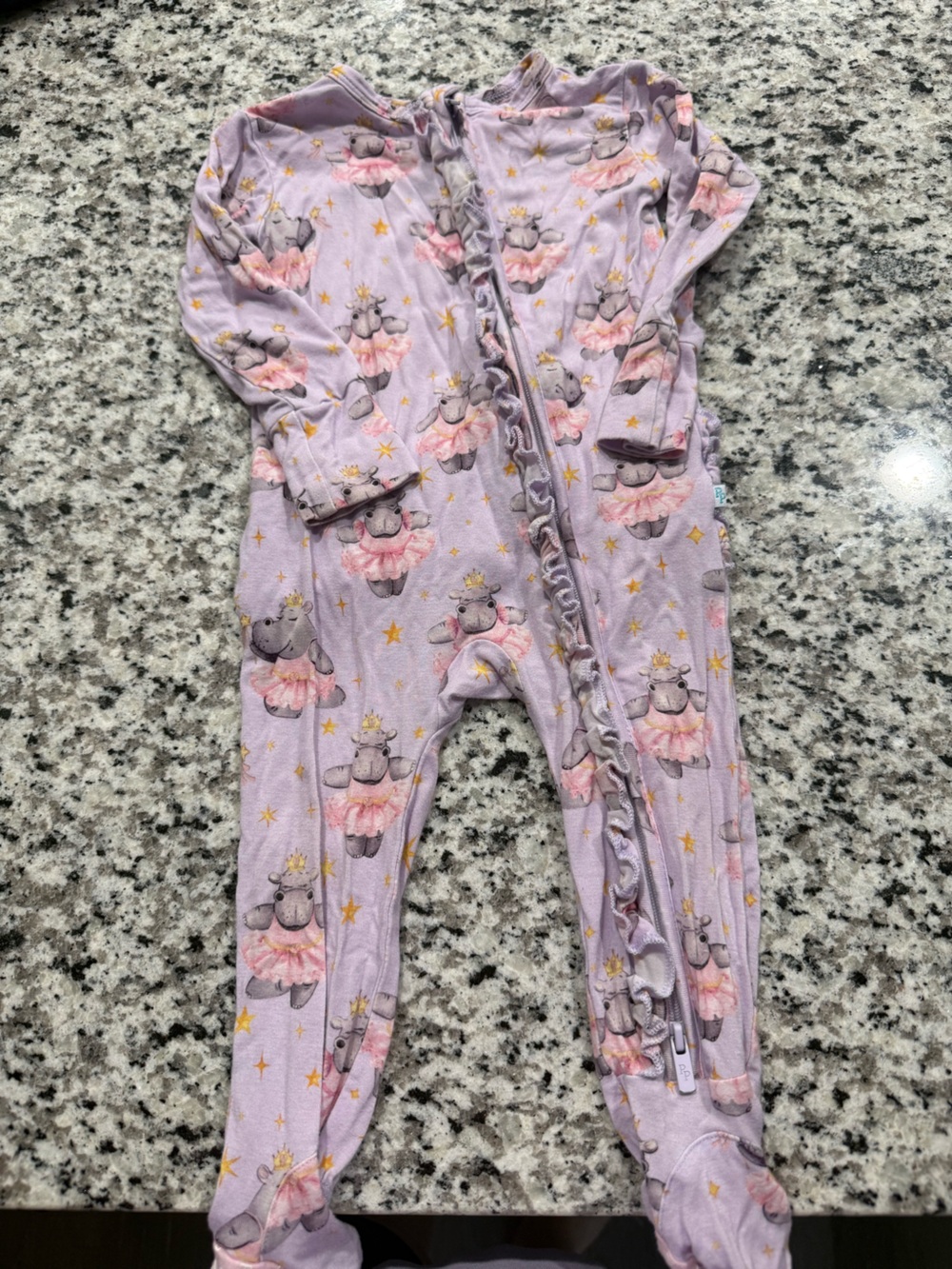 Posh Peanut Lilac Elephant Print Girls' One-Piece Pajamas with Ruffle Zip